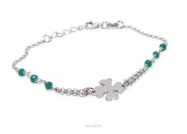 RMB|bra_064 NALBORI Bracciale donna Argento 925 lavorazione a rosario cristallo verde con quadrifoglio misura 15-18 cm