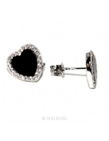 925: pair of 10mm Women's Heart Button earrings onyx circle black zirconia