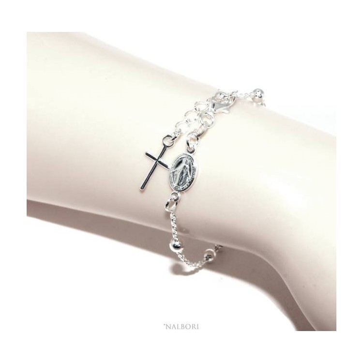 RMB|Bracciale rosario uomo donna in Argento 925 croce latina 16-19 cm palline da 4 mm chiaro NALBORI