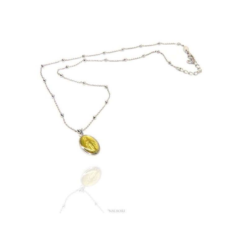 RMB|Collana a palline singole uomo donna Argento 925 con medaglia smaltata madonna miracolosa NALBORI