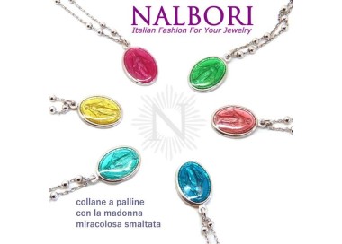 RMB|NALBORI Collana Rosario uomo donna Argento 925 con medaglia smaltata madonna miracolosa colorata
