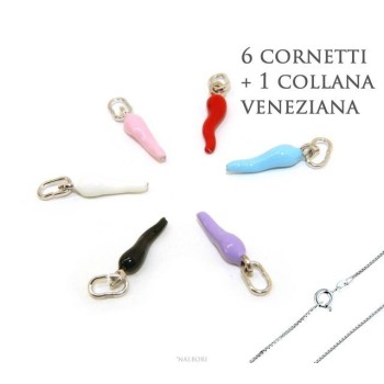 RMB|Amuleti di NALBORI : 6 ciondoli argento 925 corno cornetto piccolo 14x4 mm smaltato