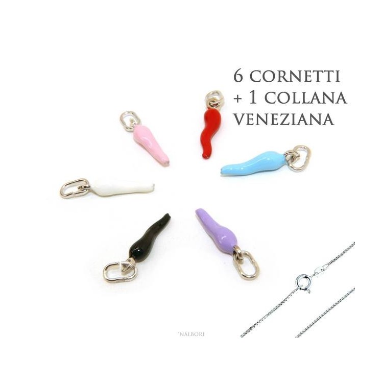 RMB|Amuleti di NALBORI : 6 ciondoli argento 925 corno cornetto piccolo 14x4 mm smaltato