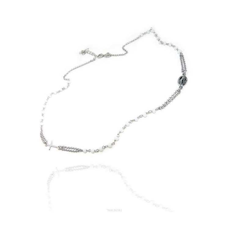 RMB|Collana Rosario uomo Argento 925 Con cristallo bianco croce e madonna 45+5 cm