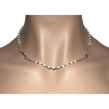 RMB|Rosary Necklace 925 Silver Man With white crystal cross and madonna 45 + 5 cm