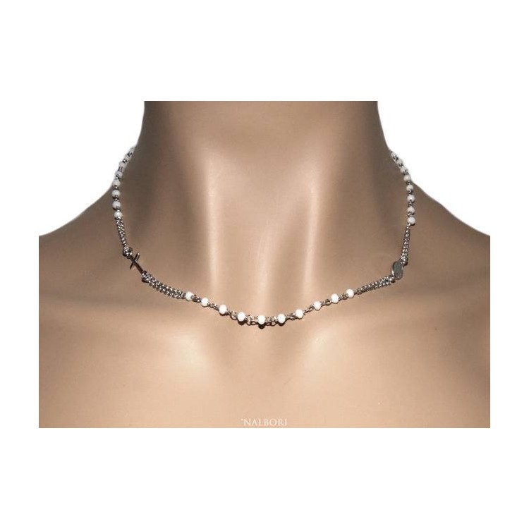 RMB|Rosary Necklace 925 Silver Man With white crystal cross and madonna 45 + 5 cm