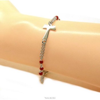 RMB|NALBORI Bracciale rosario Argento 925 con croce TAU e cristallo rosso 15 17.5 cm