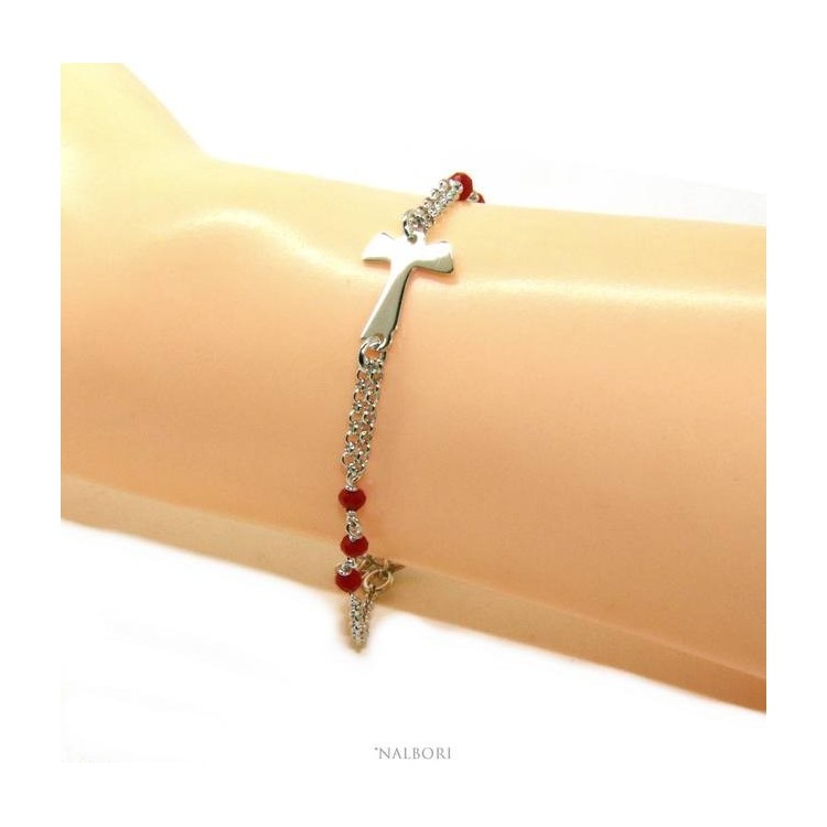 RMB|NALBORI Rosary bracelet Silver 925 with TAU cross and red crystal 15 17.5 cm