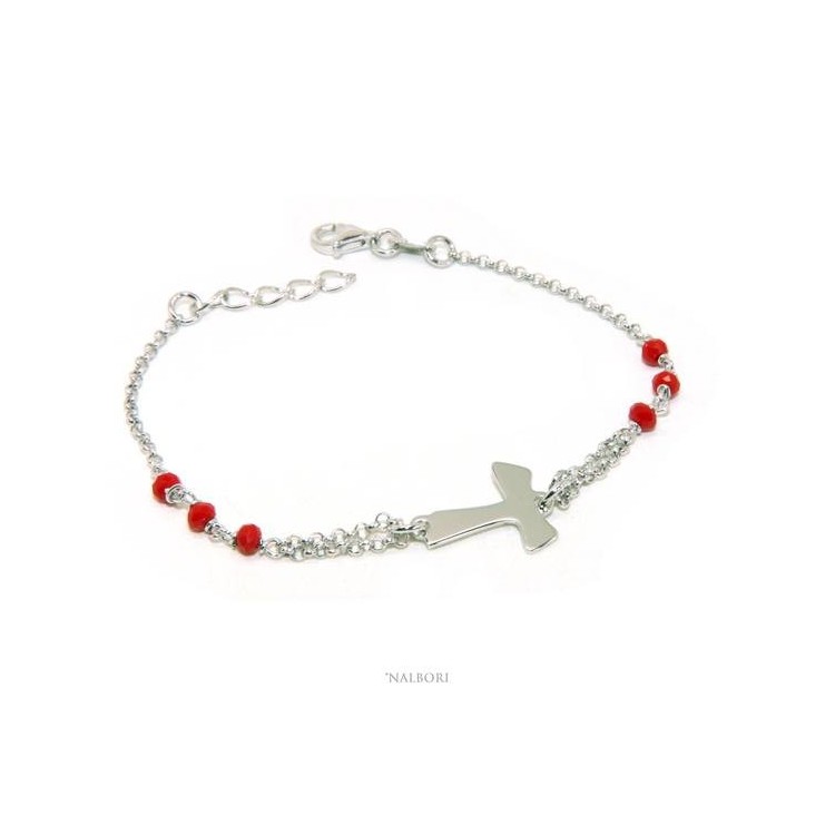 RMB|NALBORI Bracciale rosario Argento 925 con croce TAU e cristallo rosso 15 17.5 cm