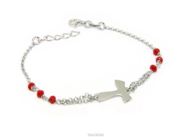 RMB|NALBORI Bracciale rosario Argento 925 con croce TAU e cristallo rosso 15 17.5 cm