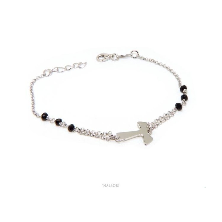 RMB|NALBORI Bracciale rosario Argento 925 con croce TAU e cristallo nero 17,5-20 cm