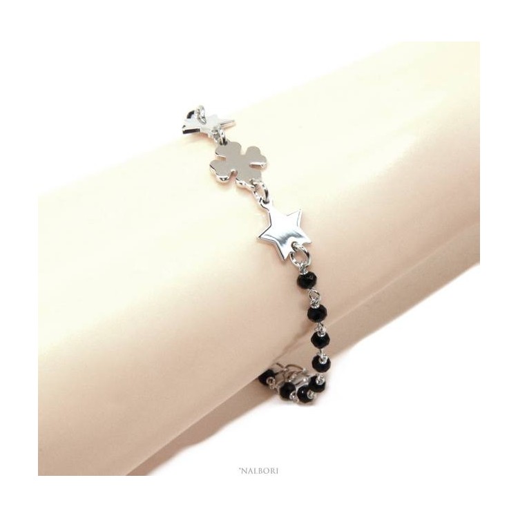 RMB|NALBORI Woman bracelet Silver 925 Marseillaise black four-leaf clover and stars success luck
