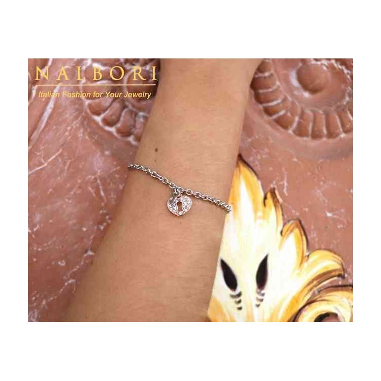 RMB|NALBORI Bracciale Argento 925 donna ragazza ciondolo cuore lucchetto e chiave zirconi in oro rosa