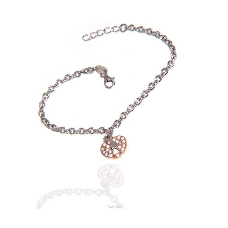 RMB|NALBORI Bracciale Argento 925 donna ragazza ciondolo cuore lucchetto e chiave zirconi in oro rosa