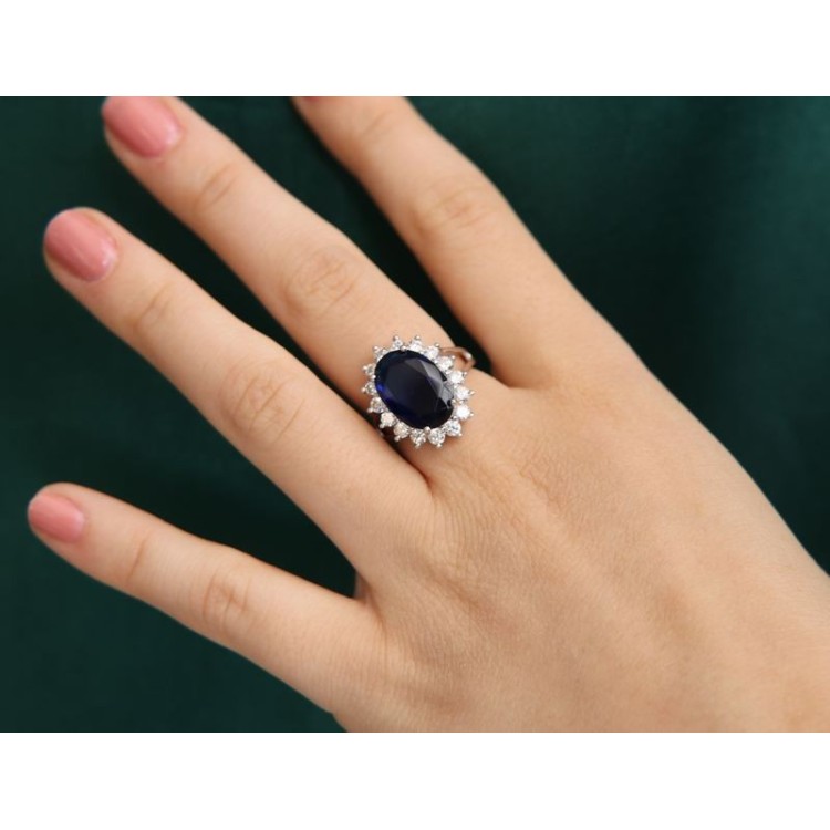 RMB|NALBORI for her, women's 925 silver ring with brilliant sapphire blue oval and round of stones