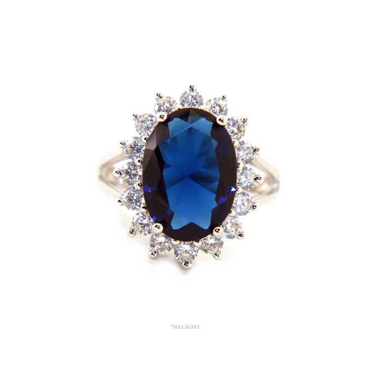 RMB|NALBORI for her, women's 925 silver ring with brilliant sapphire blue oval and round of stones