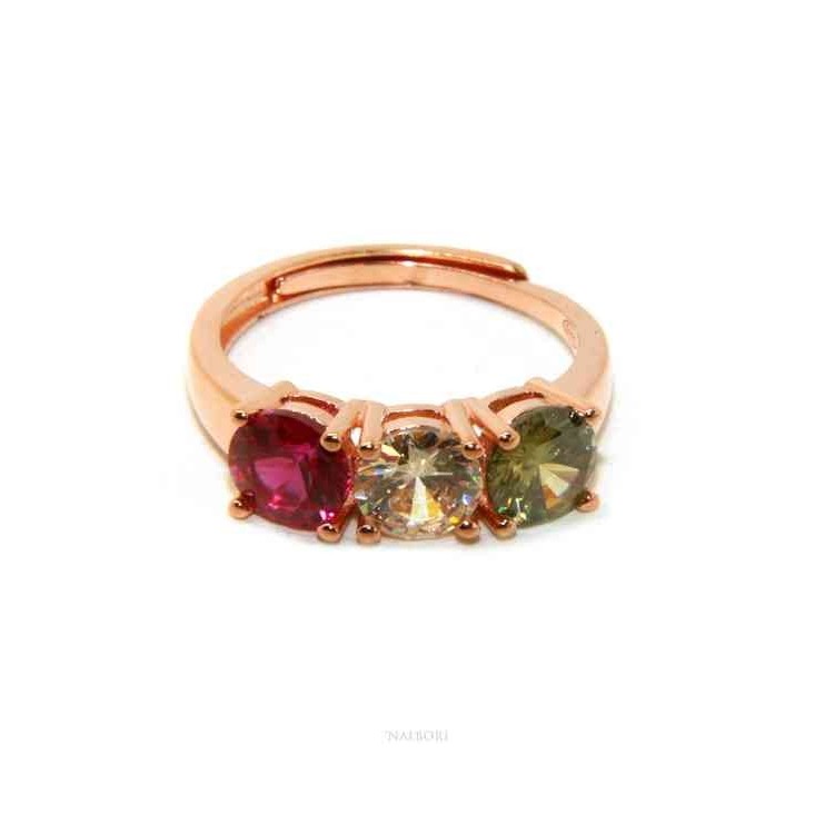 RMB|NALBORI ring trilogy zircon red green white for woman in 925 silver rose gold bath