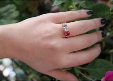 RMB|NALBORI anello trilogy per donna zircone verde bianco rosso argento 925 bagno oro rosa