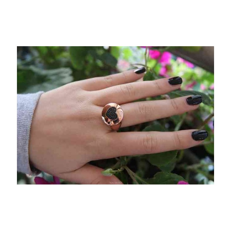 RMB|NALBORI ring shield heart seal for woman in silver 925 pink zircons black