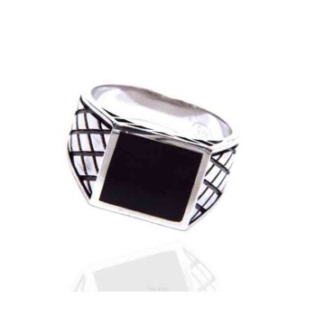 RMB|Silver ring 925 chevalier shield squared black diamond pattern