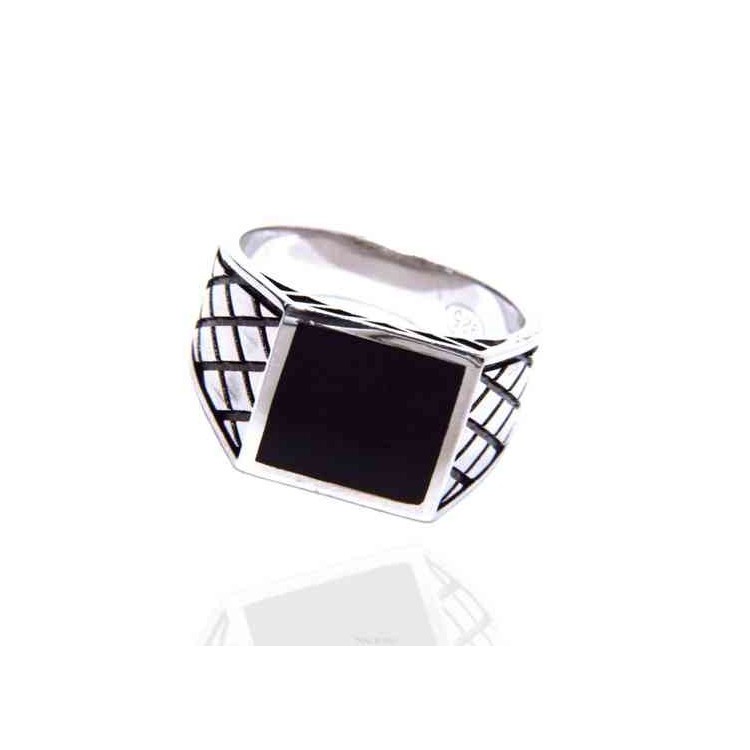 RMB|Silver ring 925 chevalier shield squared black diamond pattern