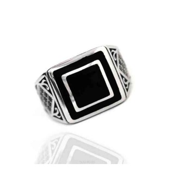 RMB|NALBORI 925 silver chevalier ring square black zircon shield