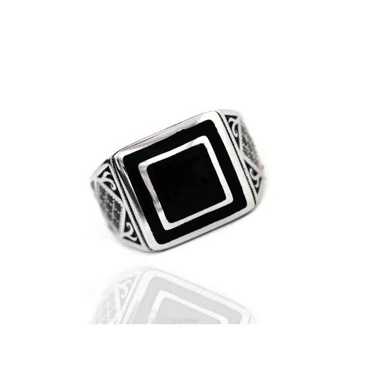 RMB|NALBORI 925 silver chevalier ring square black zircon shield