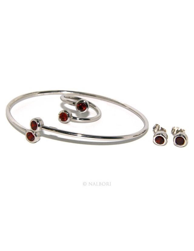 ARGENTO 925 : Bracciale donna schiava orecchini anello zirconi naturali rosso granato (ruby)  brillante