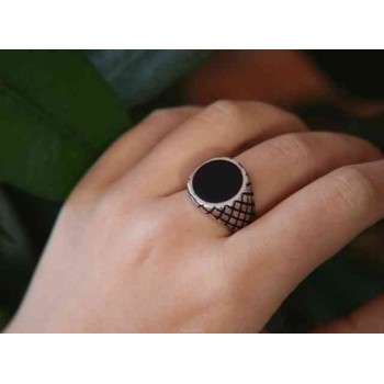 RMB|Ring man chevalier shield round black 925 silver rhombuses