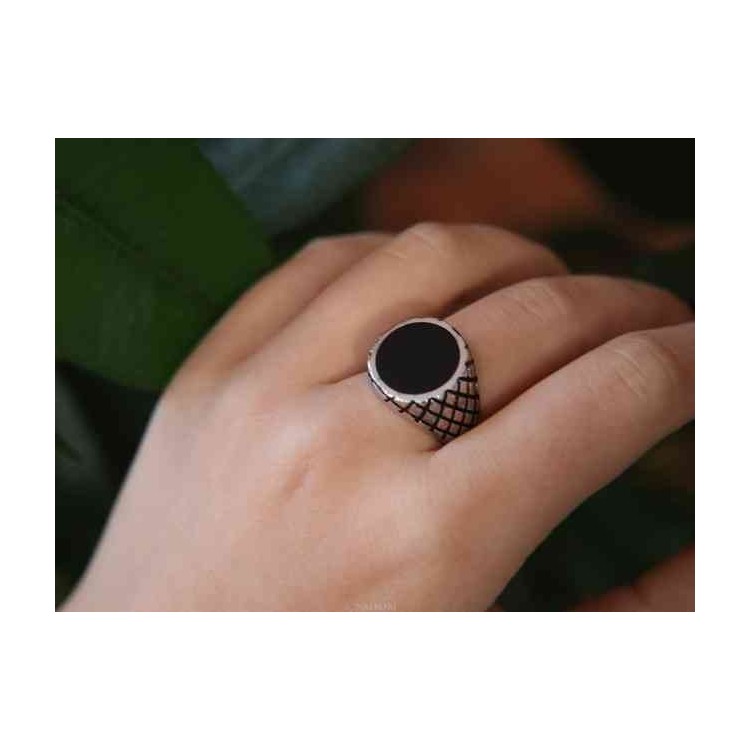 RMB|NALBORI Anello sigillo tondo nero Argento 925 rombi