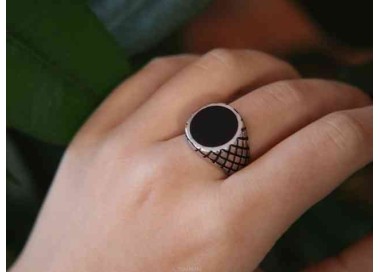 RMB|Ring man chevalier shield round black 925 silver rhombuses