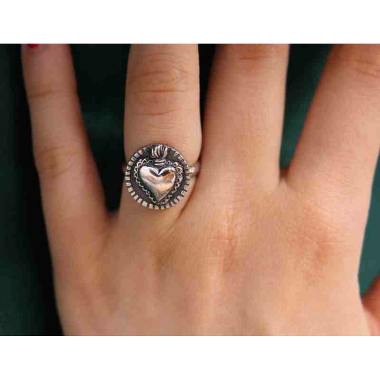 RMB|Anello Argento 925 da uomo o donna scudo regolabile sacro cuore di gesu' e maria