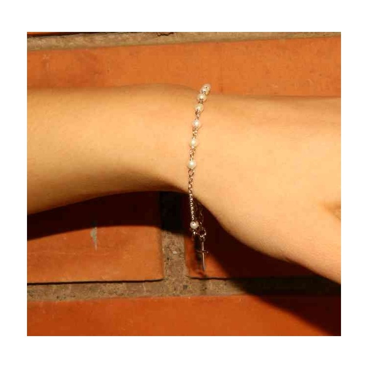 RMB|Bracciale rosario in Argento 925 madonna miracolosa e perline bianche