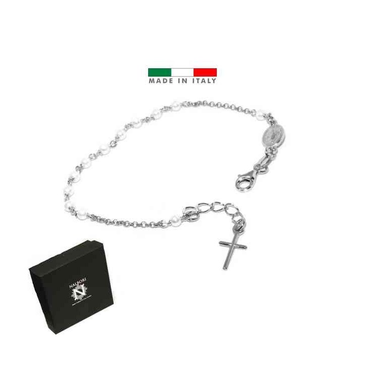 RMB|Bracciale rosario in Argento 925 madonna miracolosa e perline bianche