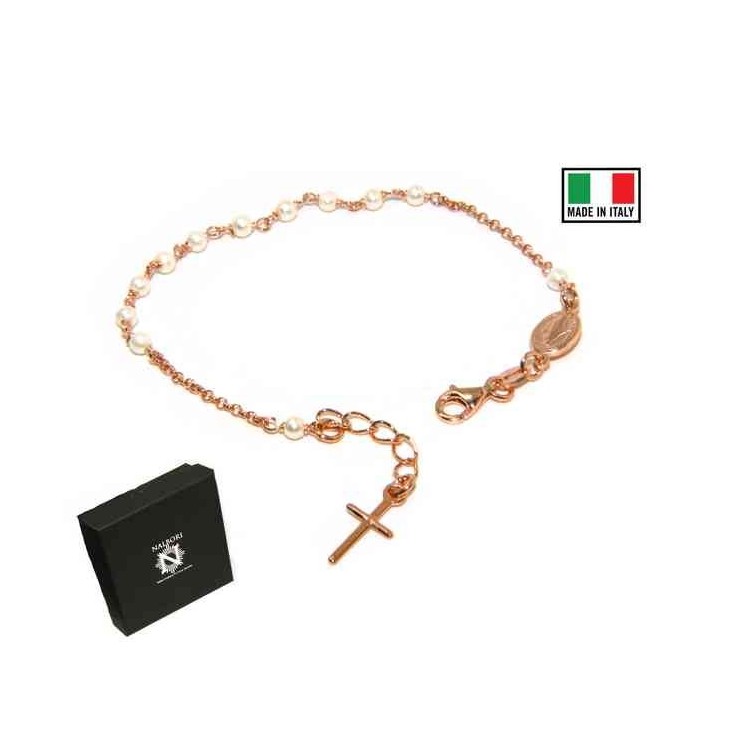 RMB|Bracciale rosario Argento 925 bagno in oro rosa con perline bianche