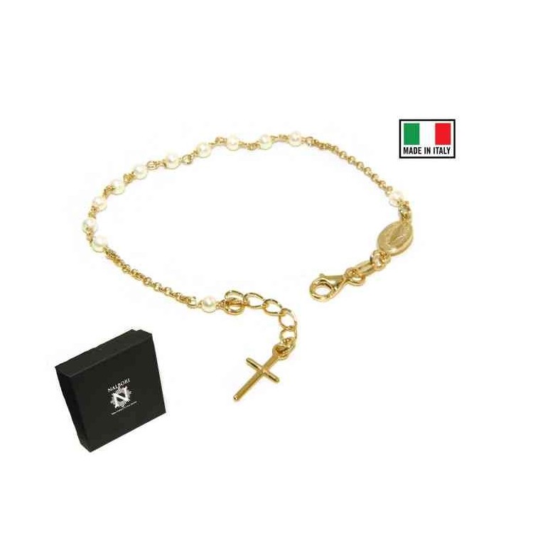 RMB|NALBORI Bracciale rosario Argento 925 bagno in oro giallo con perline bianche