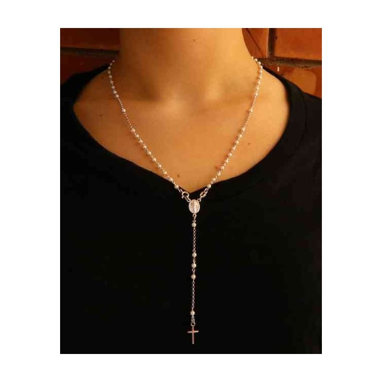 RMB|Y-shaped 925 silver rosary necklace with white pearls 55 cm white gold bath