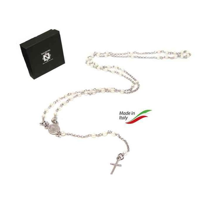 RMB|Y-shaped 925 silver rosary necklace with white pearls 55 cm white gold bath