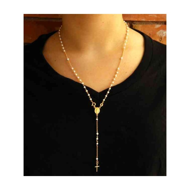 RMB|Y-shaped 925 silver rosary necklace with white pearls 55 cm Yellow gold bath
