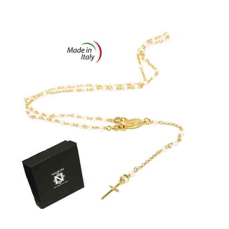RMB|Y-shaped 925 silver rosary necklace with white pearls 55 cm Yellow gold bath