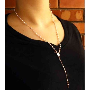 RMB|Y-shaped 925 silver rosary necklace with white pearls 55 cm rose gold bath