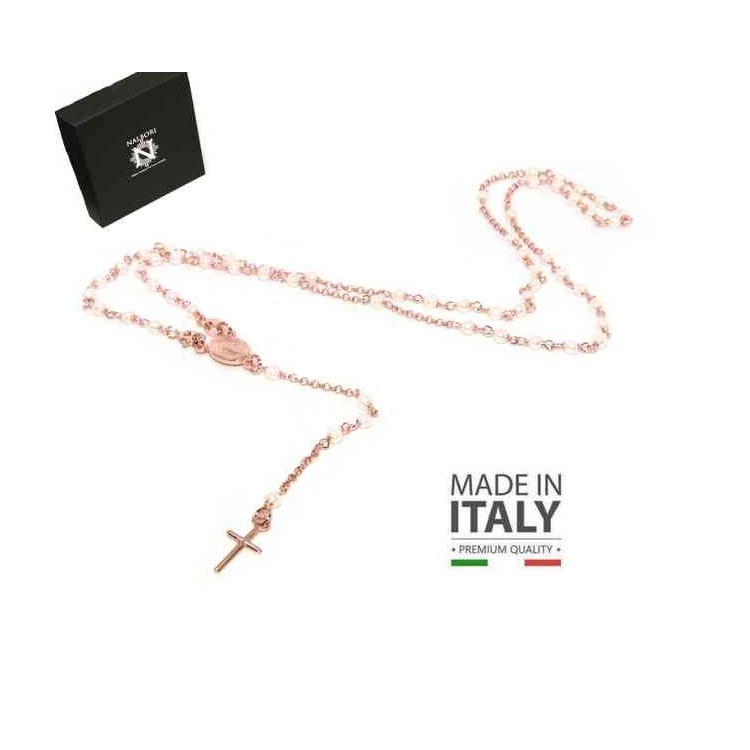 RMB|Y-shaped 925 silver rosary necklace with white pearls 55 cm rose gold bath
