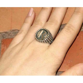 RMB|NALBORI Anello Argento 925 pallinato chevalier regolabile lettera R