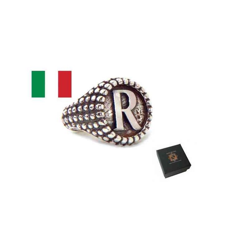 RMB|NALBORI Anello Argento 925 pallinato chevalier regolabile lettera R