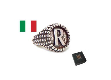 RMB|NALBORI Anello Argento 925 pallinato chevalier regolabile lettera R