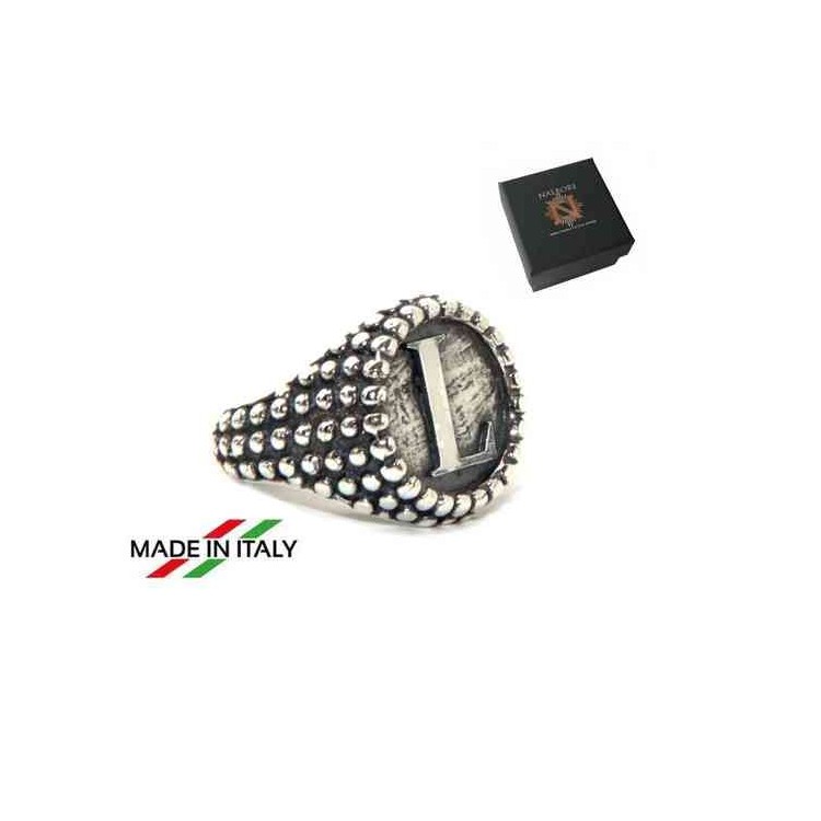 RMB|NALBORI Anello Argento 925 pallinato chevalier regolabile lettera L