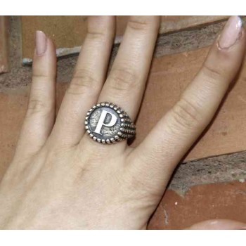 RMB|Anello Argento 925 pallinato chevalier regolabile lettera P marca nalbori