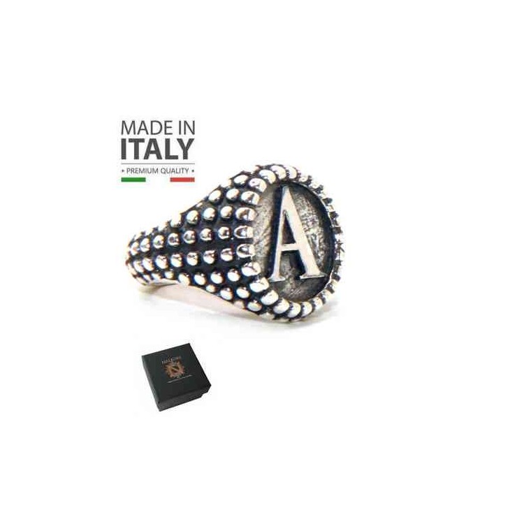 RMB|NALBORI Anello Argento 925 pallinato chevalier regolabile lettera A