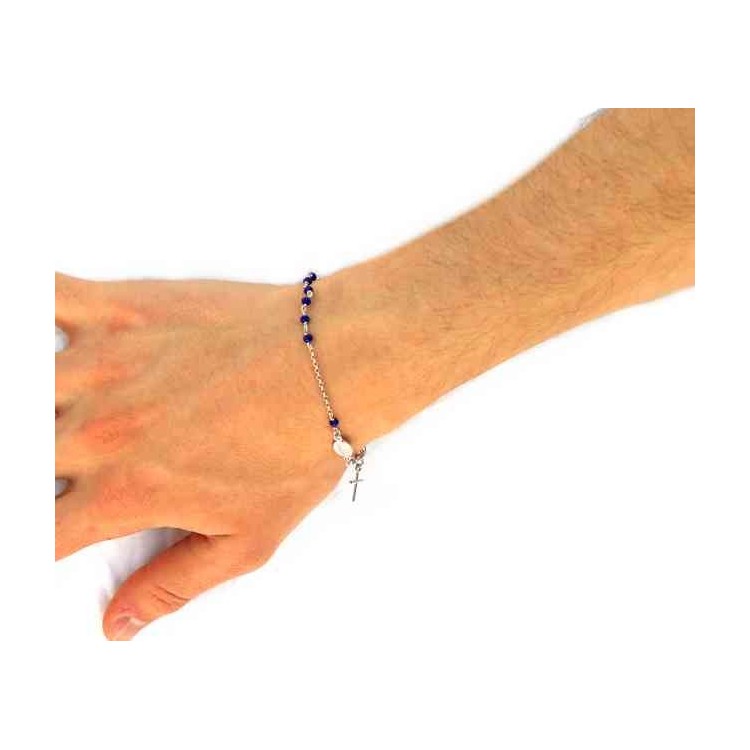 RMB|NALBORI Rosary bracelet in 925 silver oval madonna, cross and blue crystal 16.00 19.00 cm