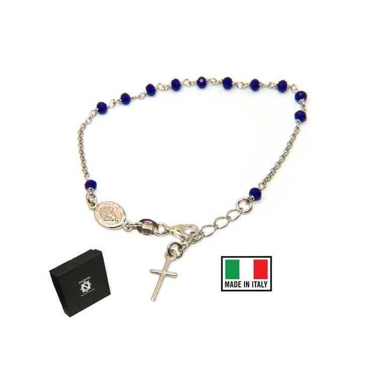 RMB|NALBORI Bracciale rosario in Argento 925 ovale madonna , croce e cristallo blu